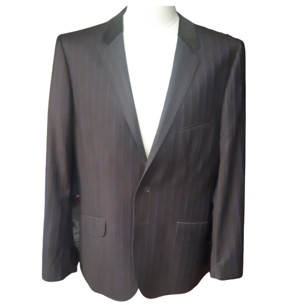 Ted Baker SZ42 Velvet Collar, Indigo Pinstripe Men's Black Wool Dinner Jacket